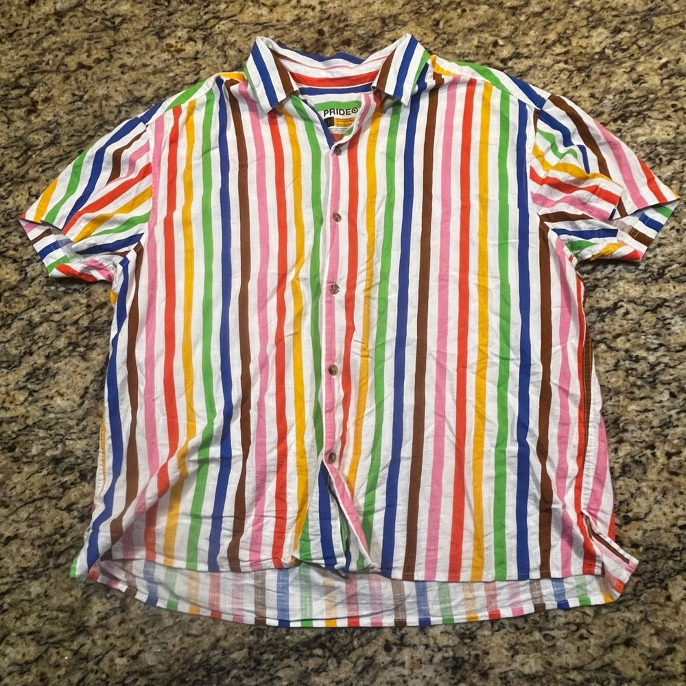 Target Pride Men Large Rainbow Stripe Short Sleeve Button Down Shirt Multi-Color